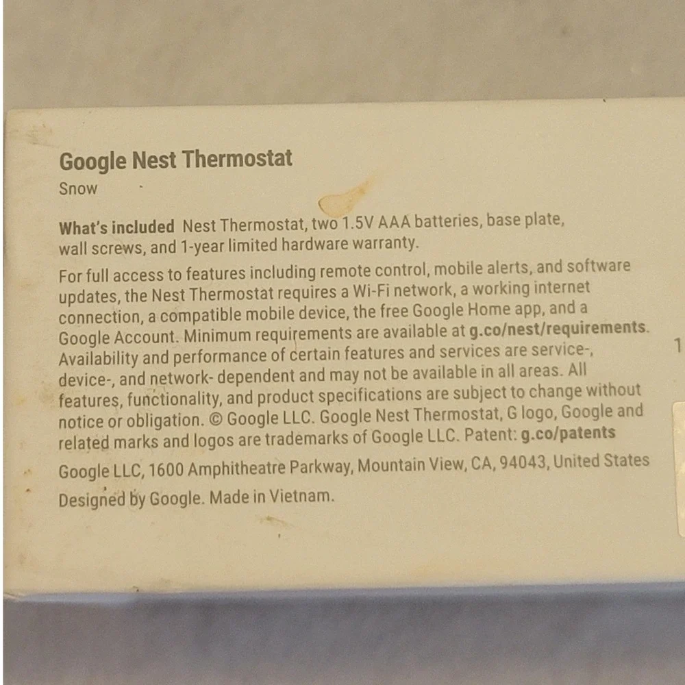 Google Nest Thermostat G4CVZ Snow Smart WiFi Programmable w Base Kit